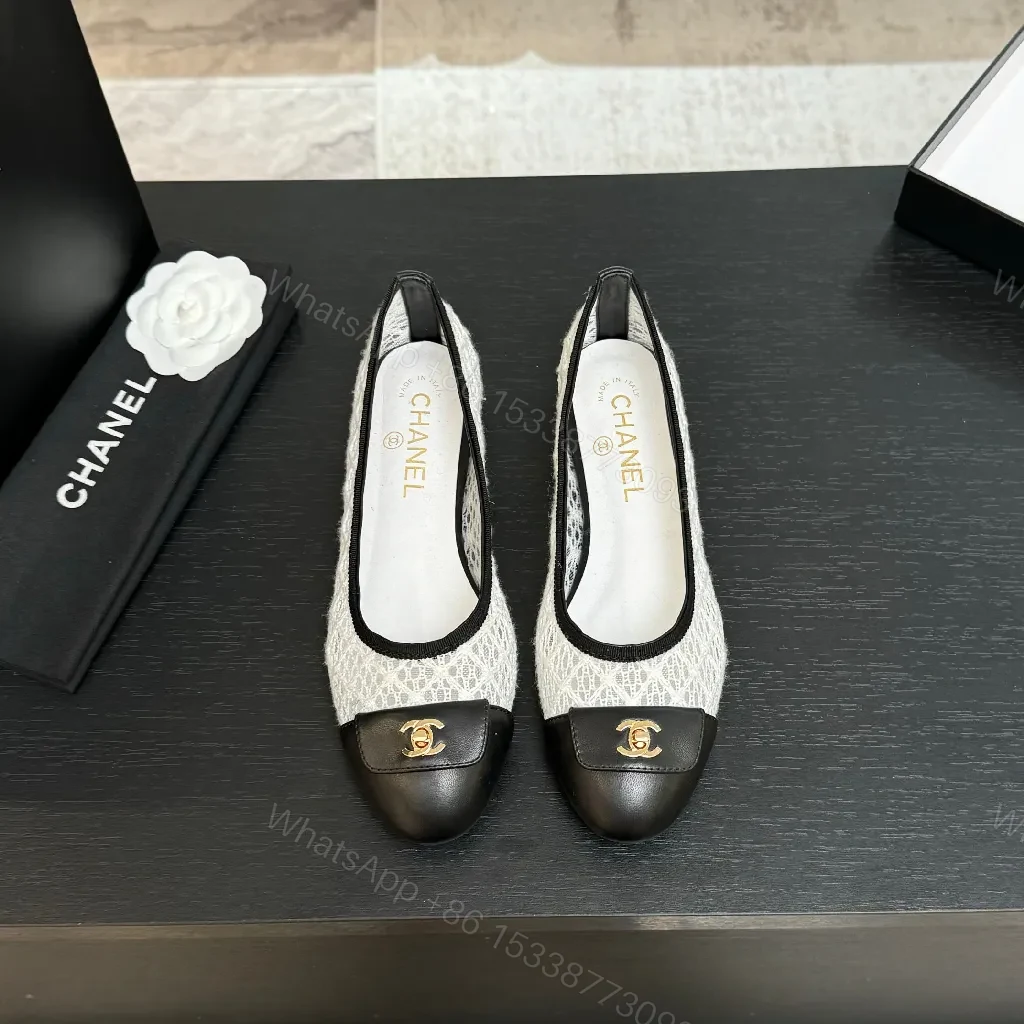 View 3 of Ivory Lace-Trim Black Leather Cap-Toe Ballet Flats with Gold Hardware