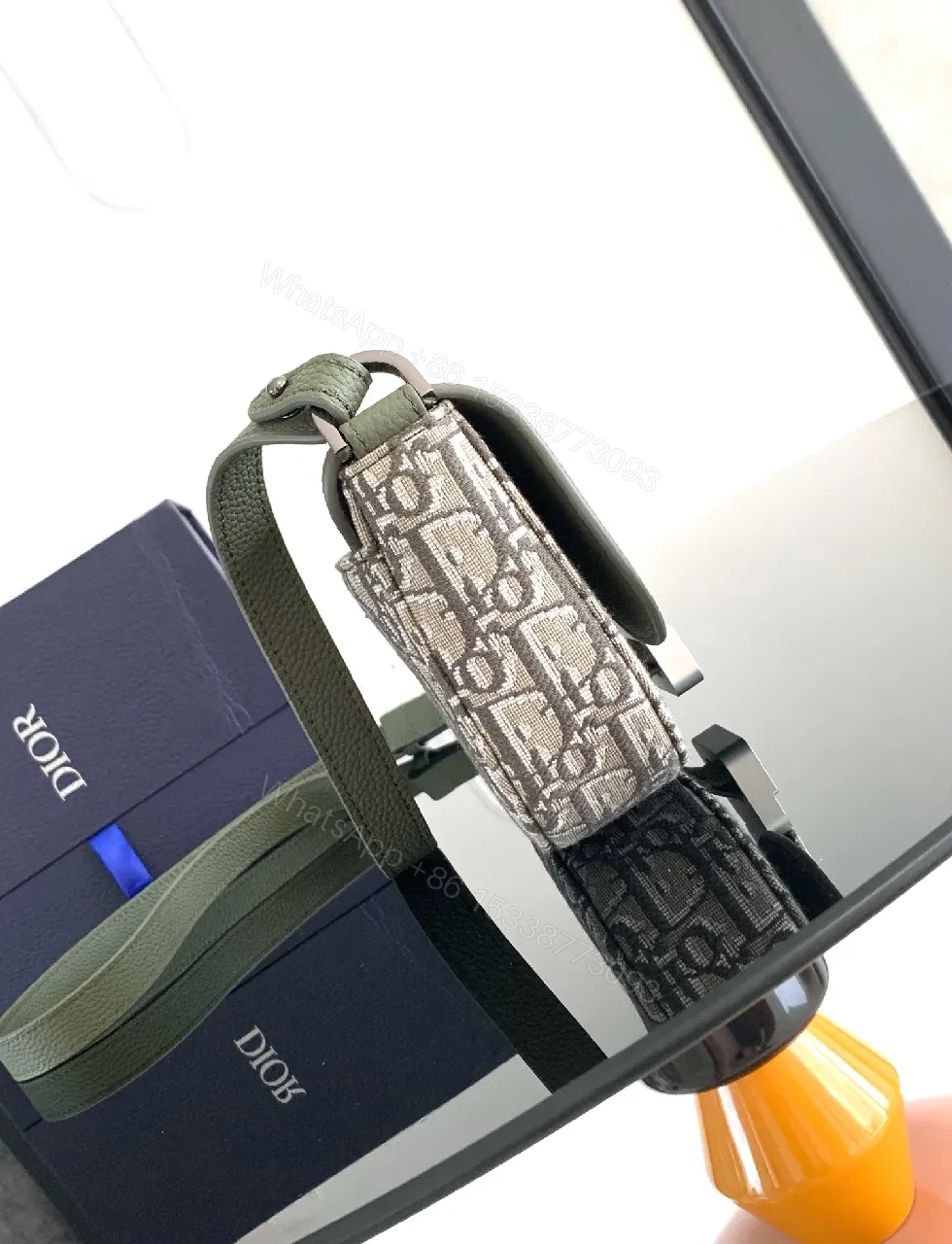 View 4 of Olive Pebbled Leather Crossbody with Monogram Accent