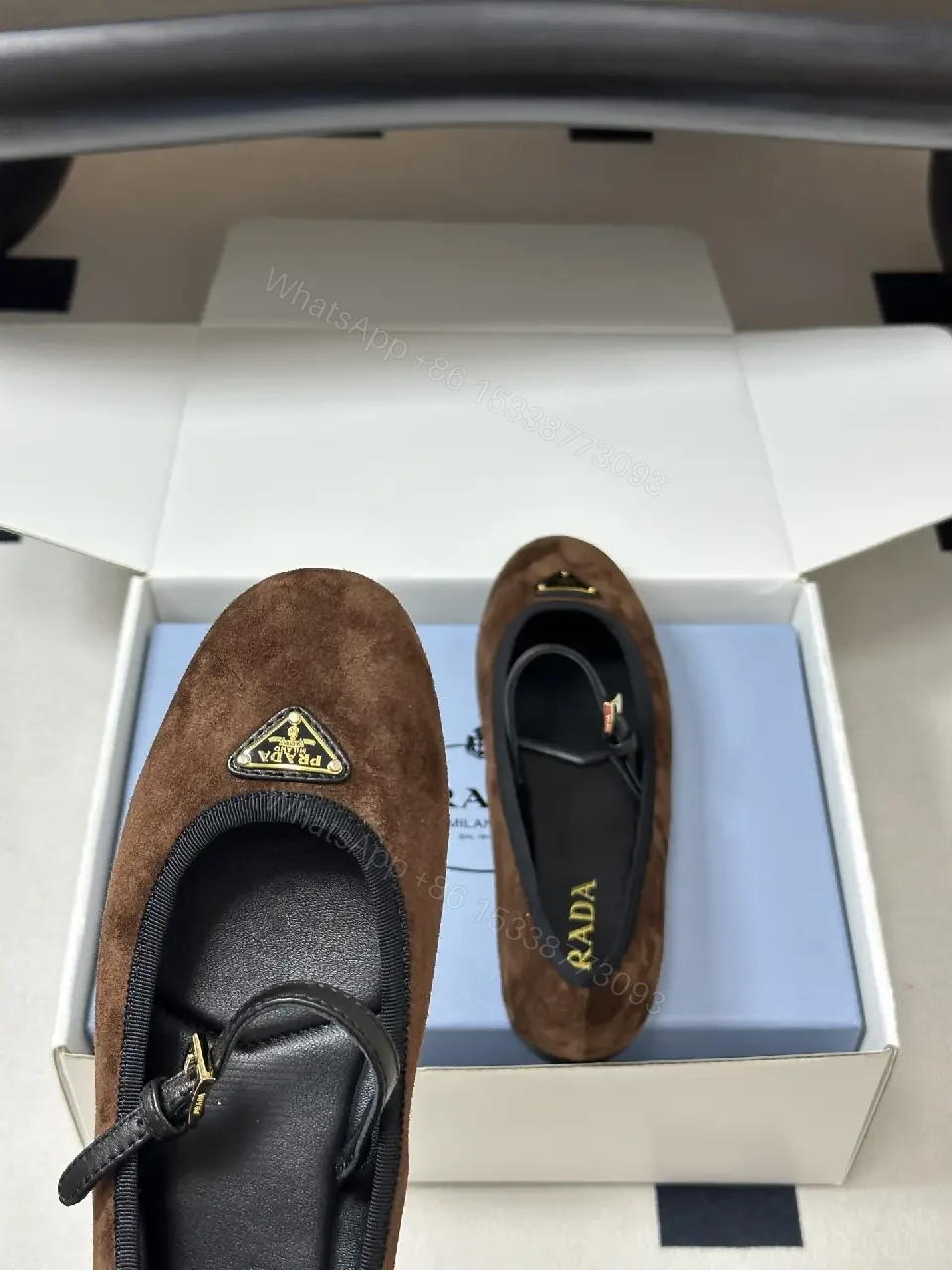 View 3 of Brown Suede Mary Jane Flats Black Trim Classic Prada-Style Logo Shoe