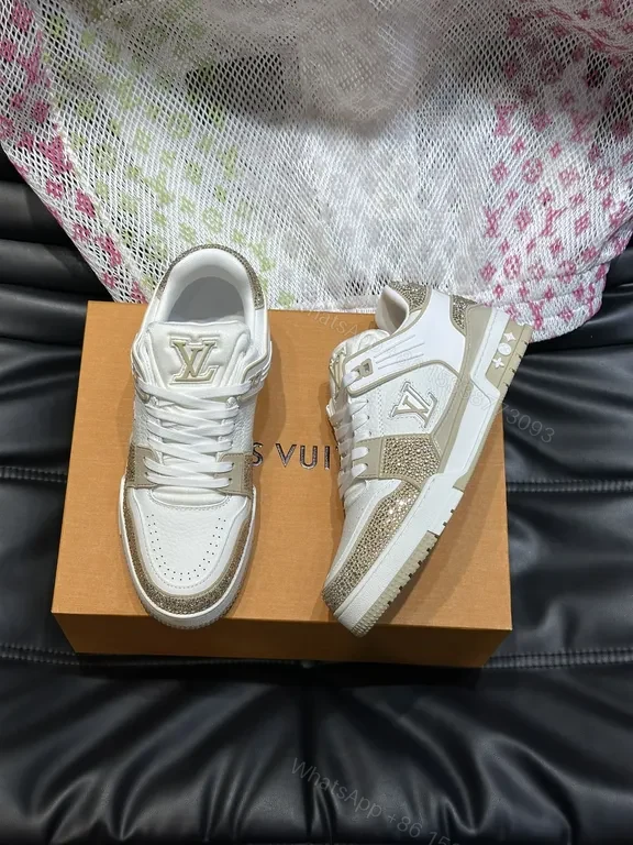 View 7 of White Leather Sneakers with Gold Accents, Perforated Toe, LV Logo