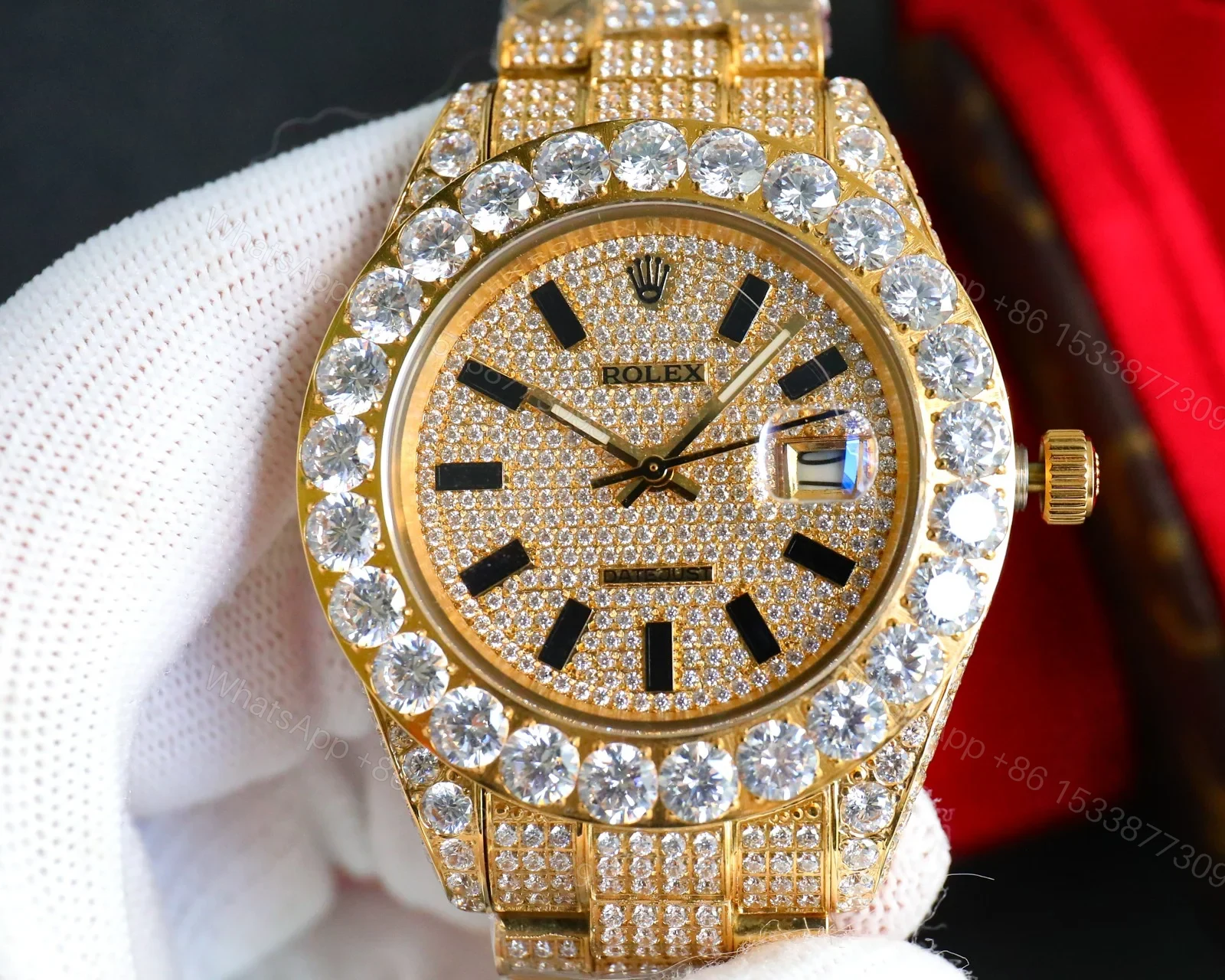 View 2 of Rolex Datejust Gold Diamond Replica 42MM Premium Full Iced Bracelet Champagne Dial Edition ROLEX-DJ-GOLD-DIA-ICED-CHAMP-42