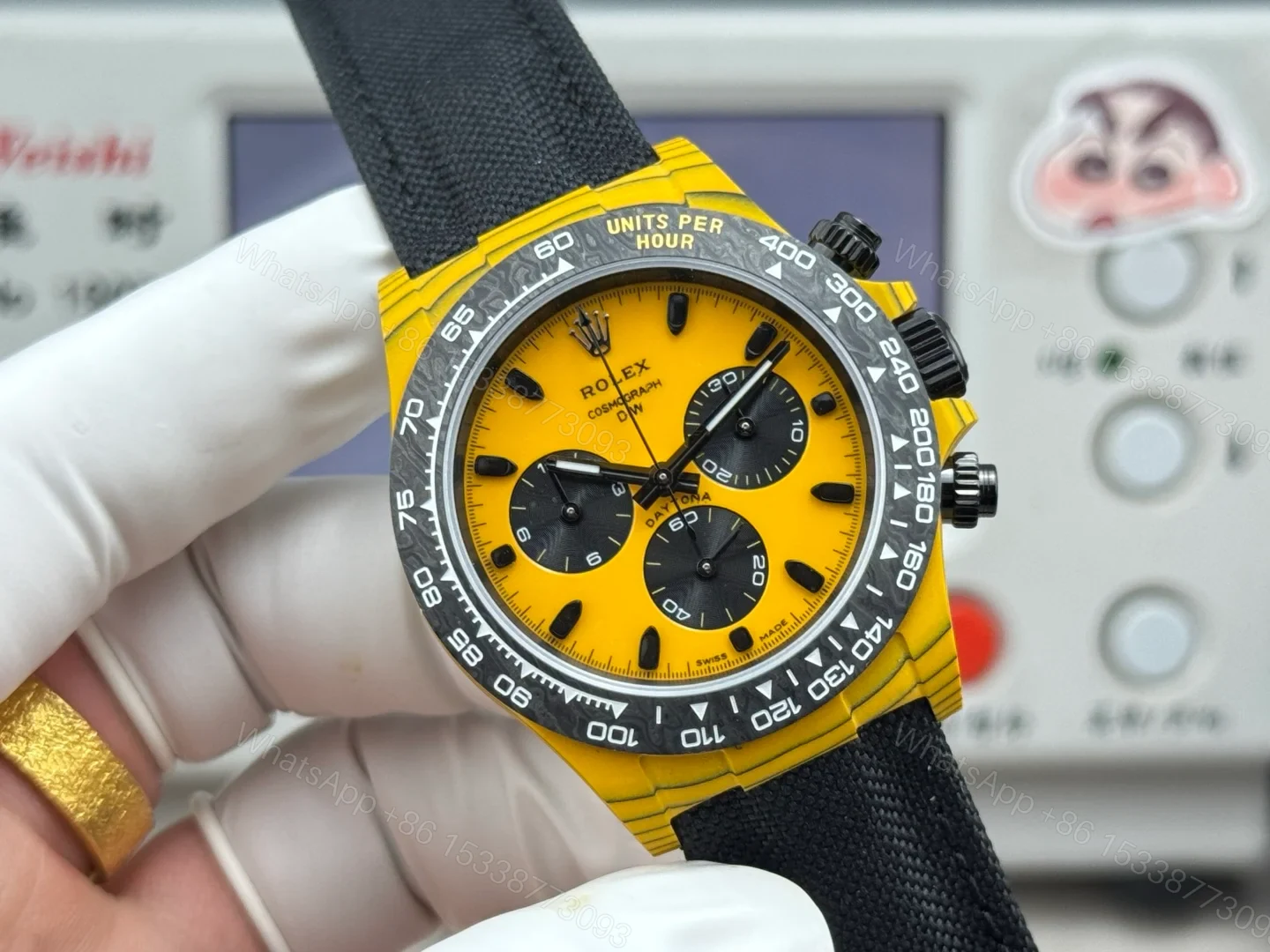 View 2 of Rolex Daytona Yellow Replica 40MM Premium Carbon Fiber Black Fabric Strap RG-ROLEX-DAYTONAR74-YELLOW