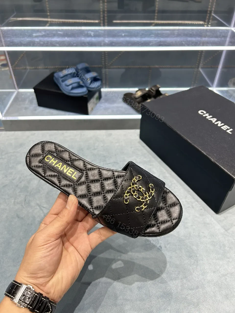 View 9 of Quilted Black Slides with Gold Emblem – Lux Slip-ons