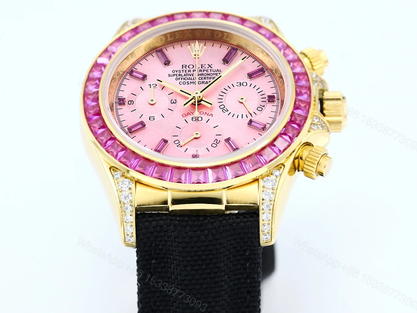 View 2 of Rolex Daytona Pink Ruby Black Strap Replica 43MM Exclusive Gold Case Edition RG-ROLEX-DAYTONA-PINK-RUBY-BLACK-43