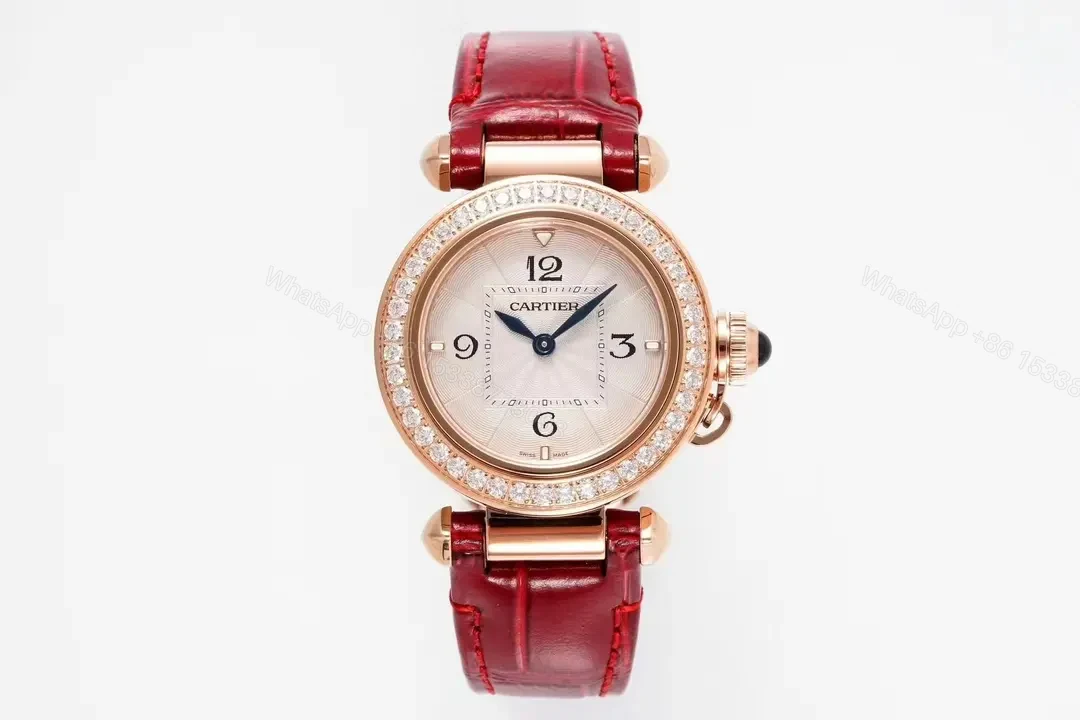 K11 Factory Cartier Pasha de Cartier Women’s Watch, 30mm, Rose Gold with Diamond Bezel, Red Leather Strap, Blue Steel Hands — view 1