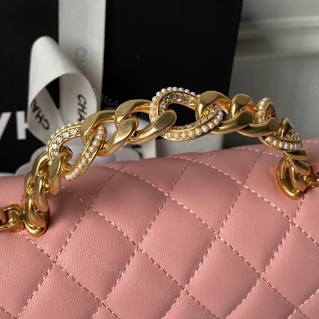 View 6 of Pink Quilted Flap Bag with Gold Chain - Luxury Crossbody Bag