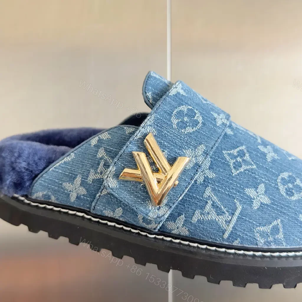 View 6 of Denim-Textured Monogram Mule: Cozy Luxe Slip-On Comfort
