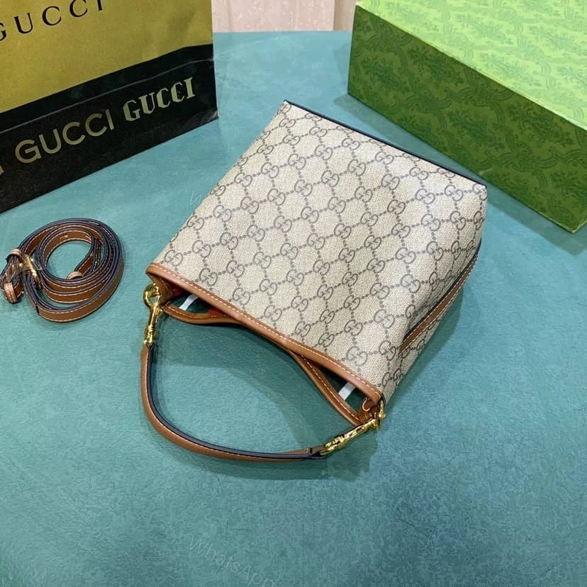 View 6 of Gucci GG Emblem Mini Bucket Bag Beige And Dark Brown ‎21Cm