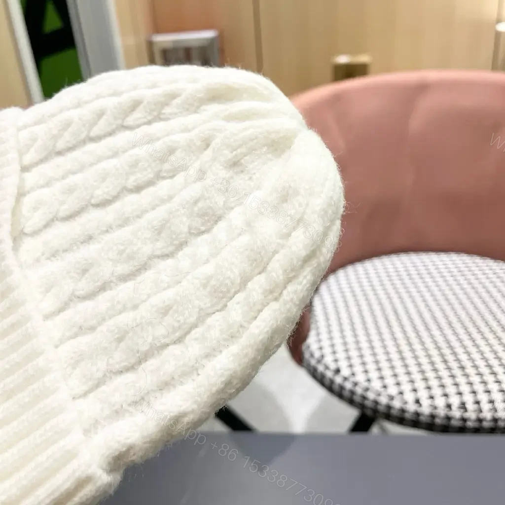 View 4 of White Knit Beanie: Premium Ribbed Cuff, Luxury Badge, Warmth