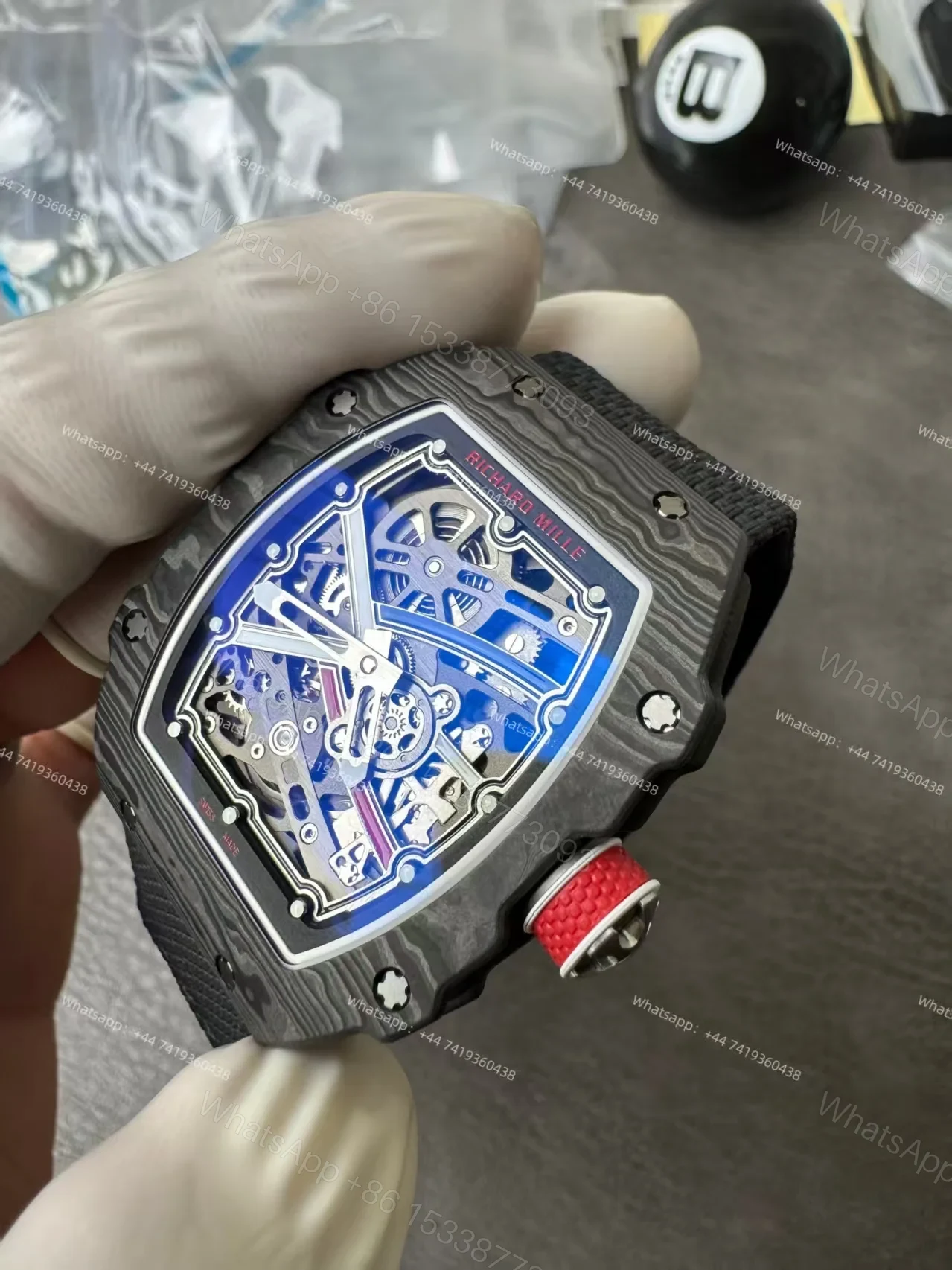 View 11 of Super Clone Richard Mille RM67-02 Carbon TPT Skeleton Tourbillon 1:1 Replica Watch with Black Strap