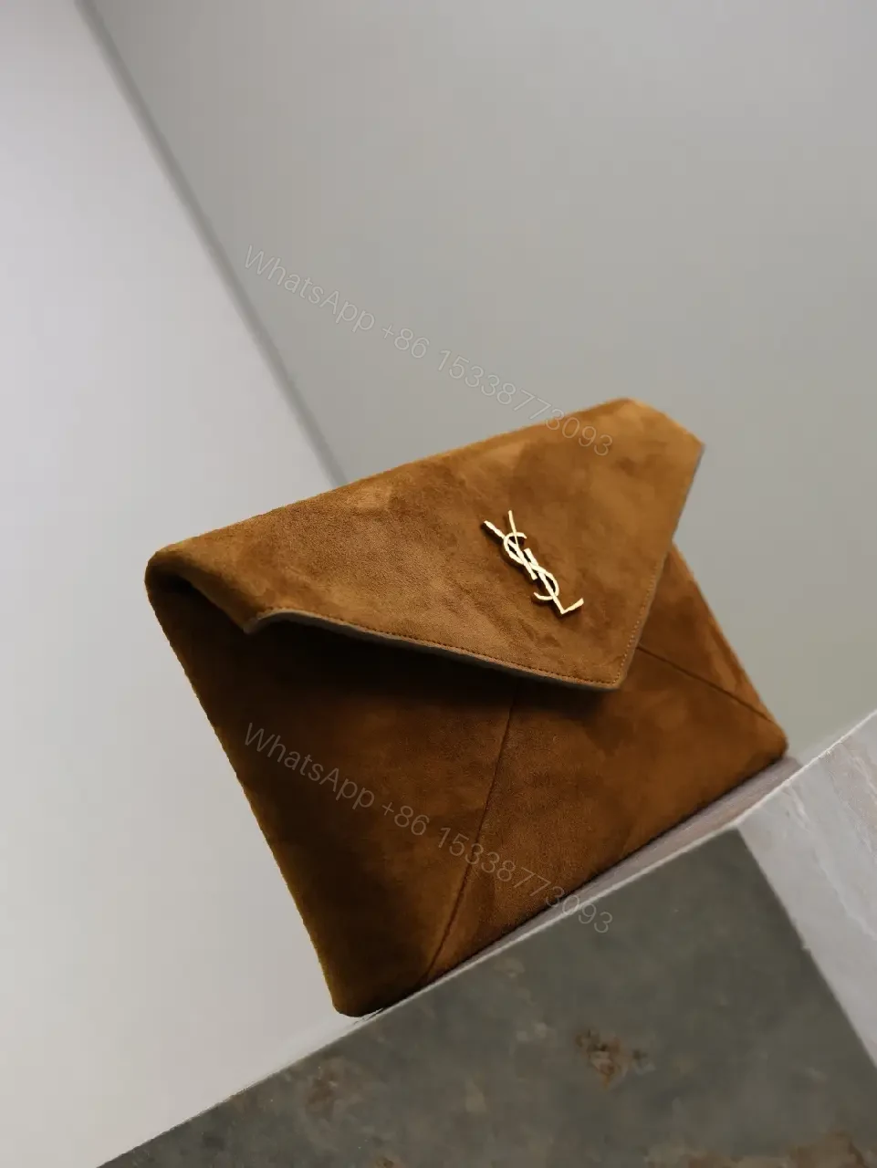 View 8 of Chocolate Suede Envelope Clutch with Gold Hardware