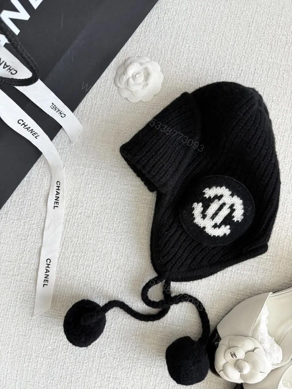 View 3 of Chic Knit Beanie with Logo Patches and Earflaps