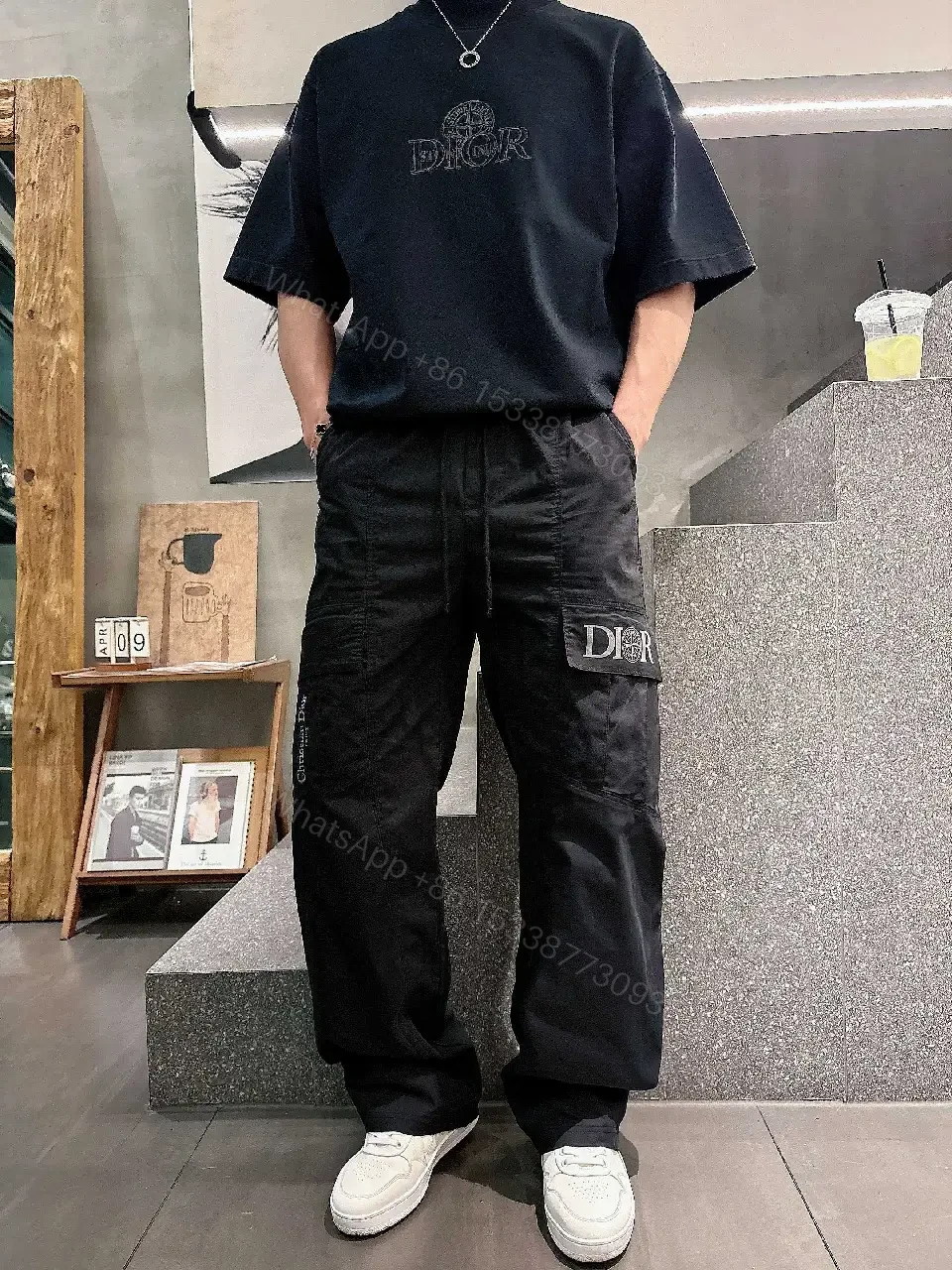 View 5 of Black Cargo Pants - Tactical, Smooth Fabric, Dior Logo Pocket, Relaxed Fit