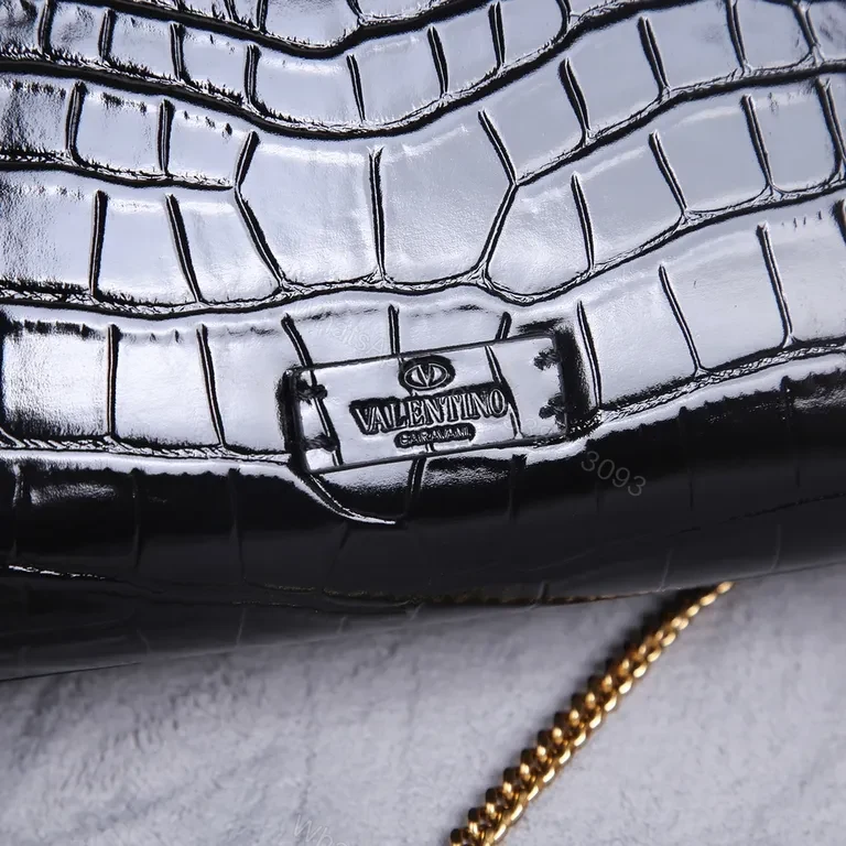 View 5 of Croc-Embossed Satchel: Black Calfskin Valentino Bag