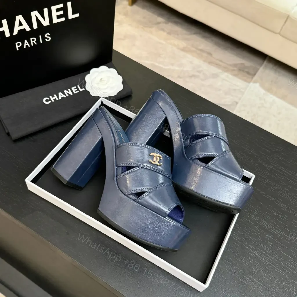 View 6 of Blue Leather Platform Mules with Logo Hardware, Sculpted Heel