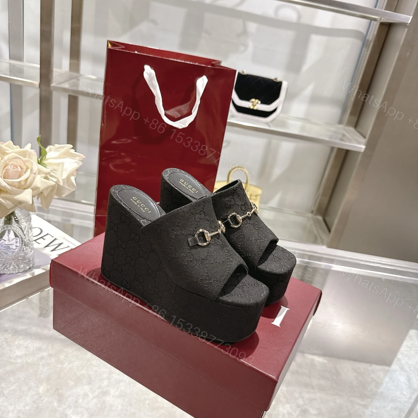 View 2 of GUCCI WOMEN’S WEDGE SANDAL WITH HORSEBIT BLACK 816328 FAB10 1000