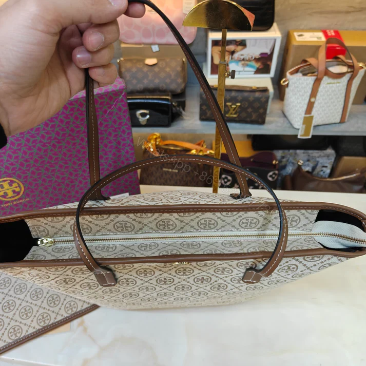View 9 of First Copy Tory Burch T Monogram Large Zip Tote Bag Biege