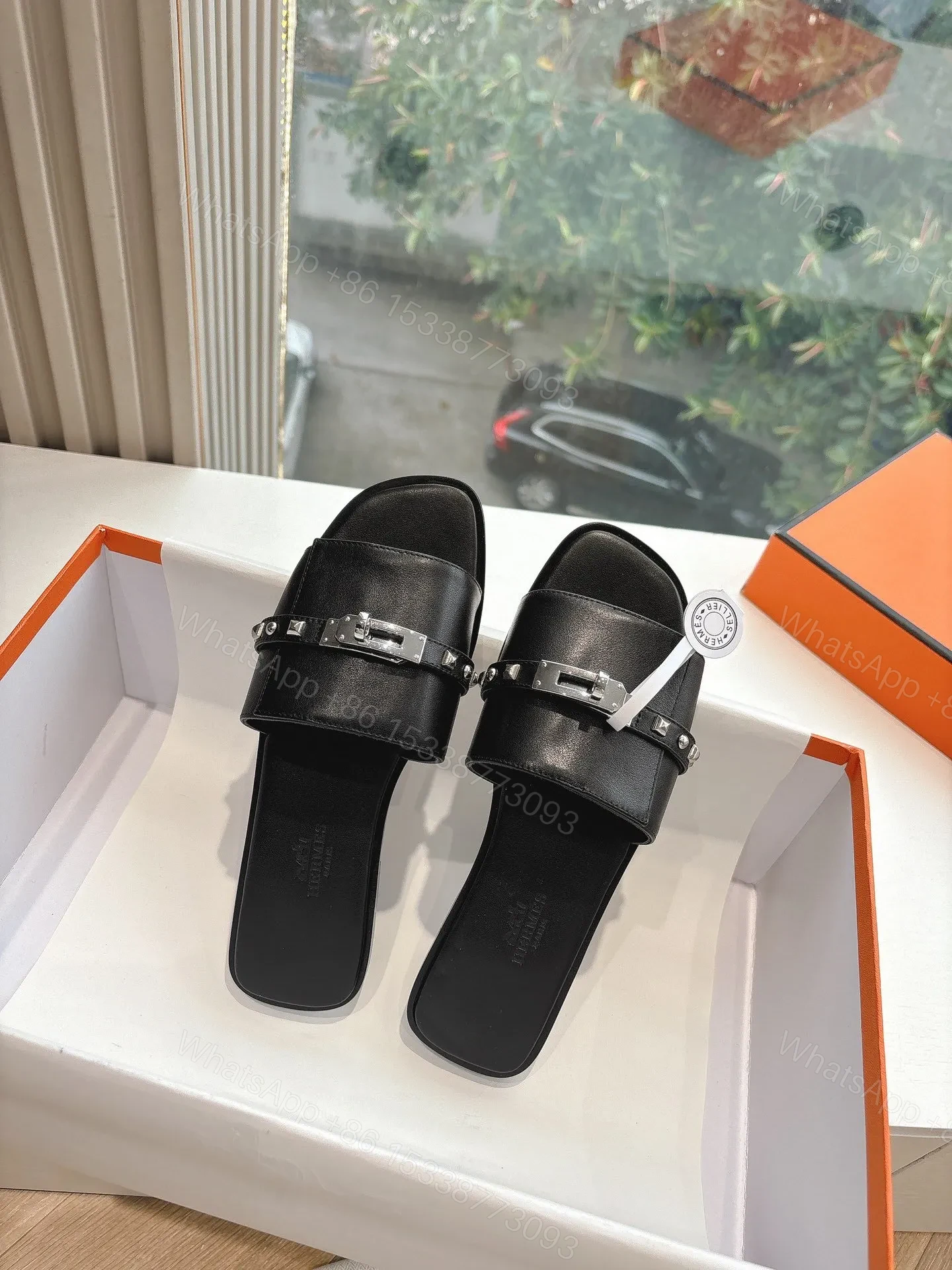 View 5 of Hermes Women Black Leather Slide Sandals