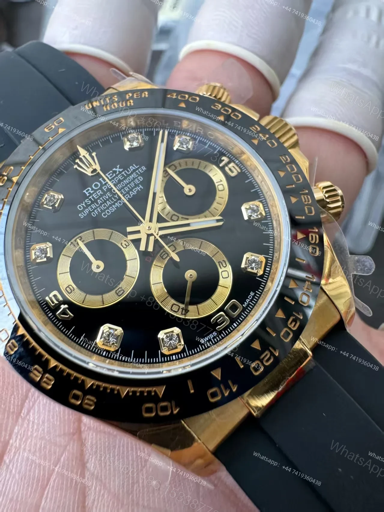 View 4 of Rolex Daytona 1:1 Replica – M116518LN-0078 Black Diamond Dial 18K Gold 4130 Super Clone