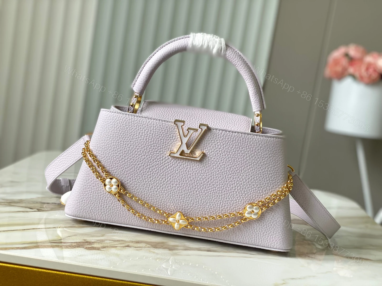 LV A貨淡紫色金鏈花飾手提包 大號優雅百搭款 — view 1
