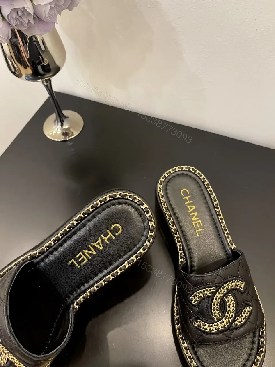 View 7 of Quilted Black Slides with Chain Trim - Couture Comfort Footwear