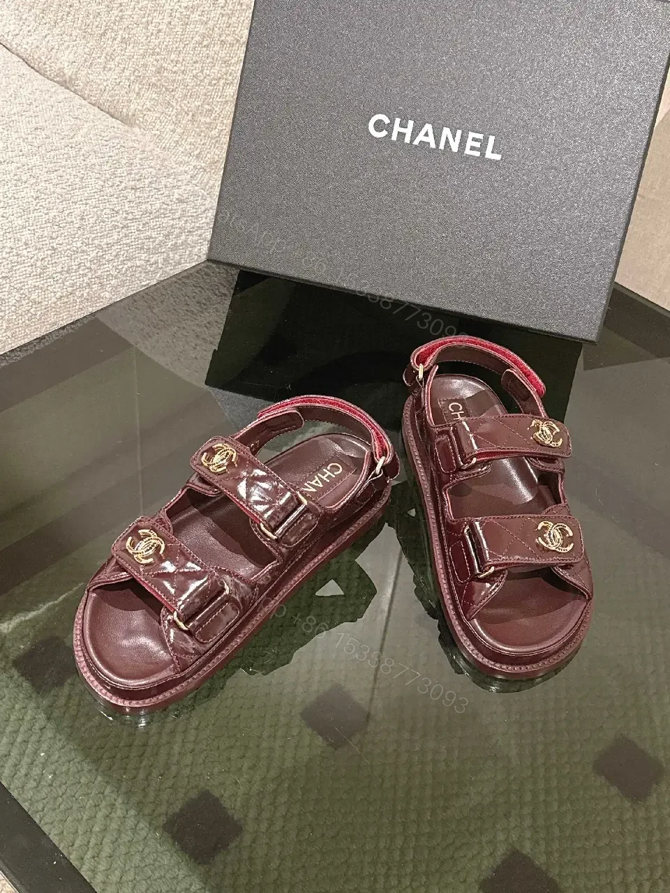 View 5 of Velvet Burgundy Sandals with Gold Hardware, Luxe Style