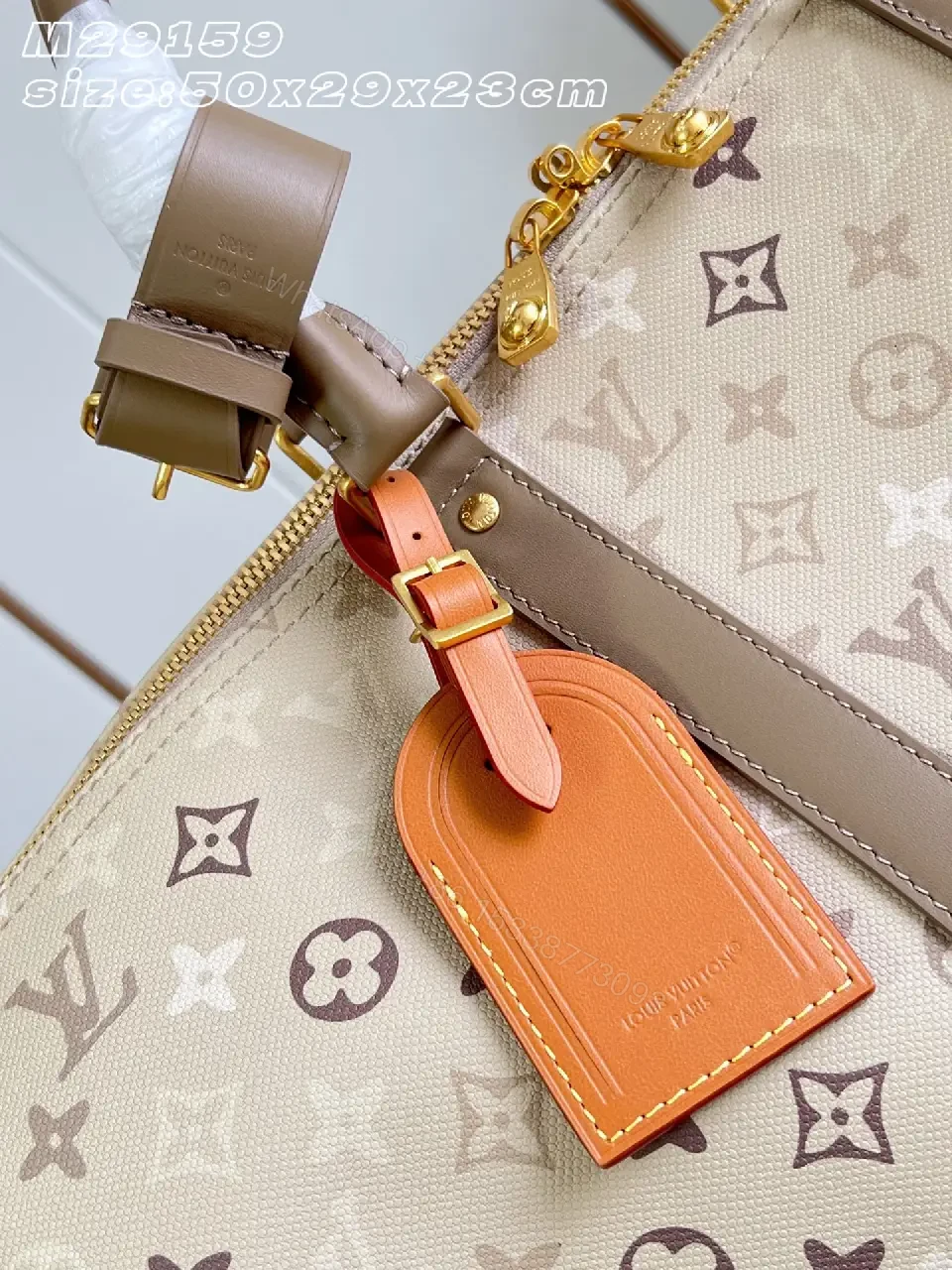View 5 of Beige Taupe LV-Style Monogram Duffel Bag with Gold Hardware