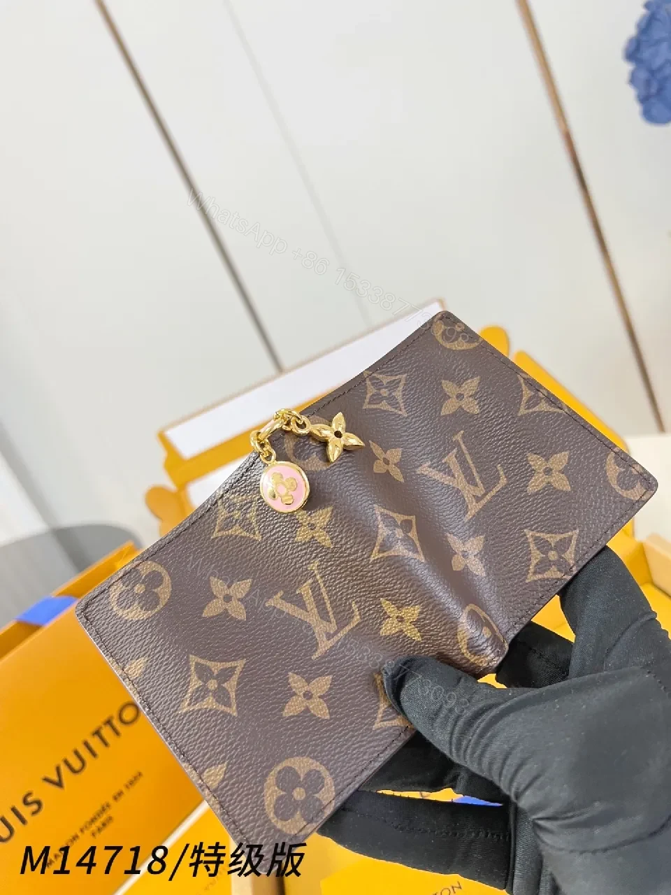 View 2 of Brown Monogram Compact Wallet with Gold Charm, Luxe Style