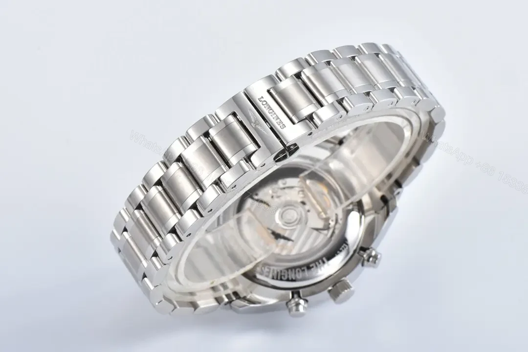 View 8 of Longines Master Collection Moon Phase Chronograph Watch Silver Stainless Steel with Green Dial 42mm