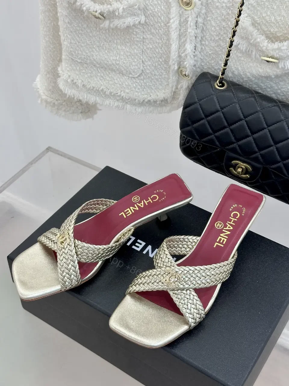 View 5 of Pink Red Metallic Sandal Signature Twist Chanel Shoes
