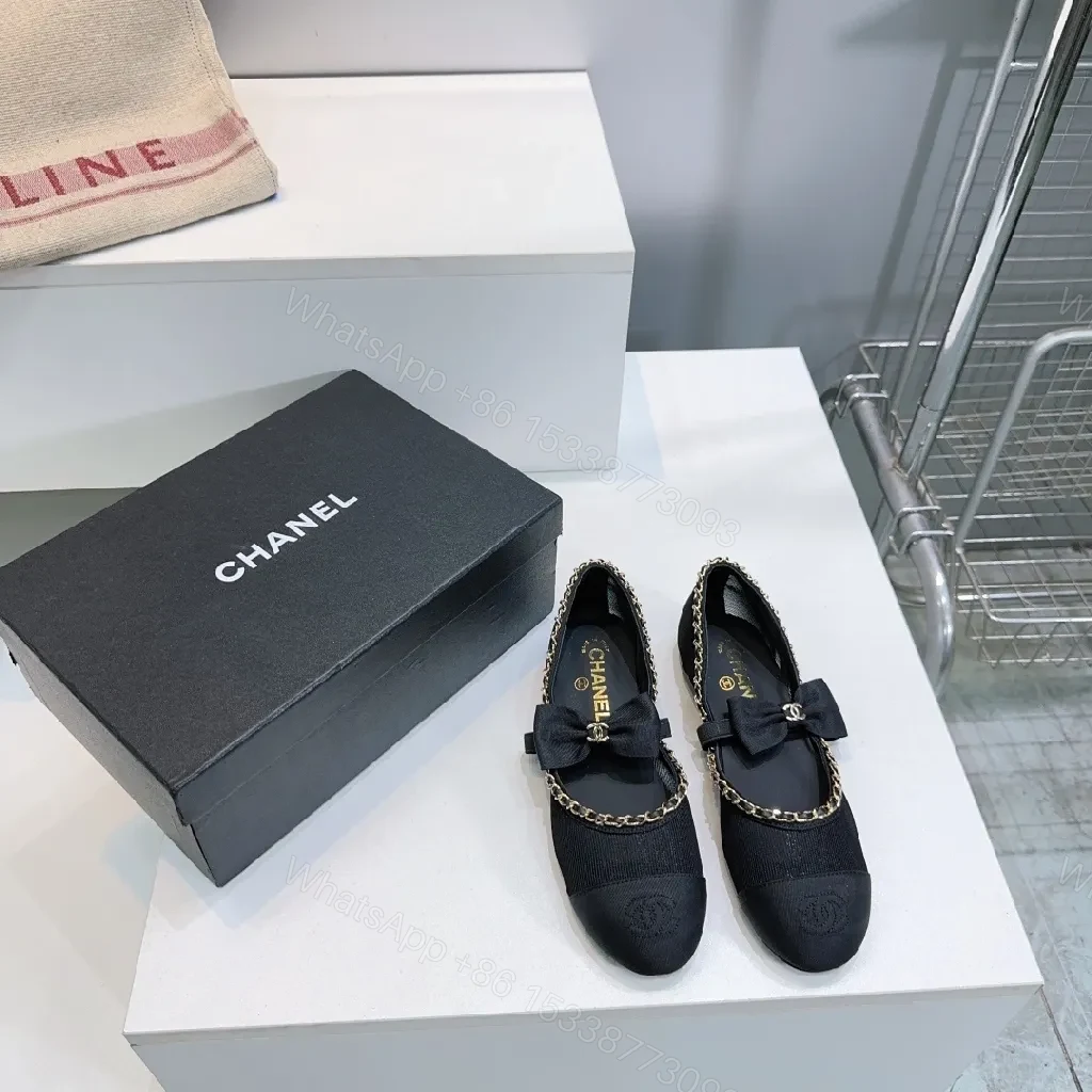 View 8 of Black Satin Bow Flat with Gold Chain Detail, Slip-On Ballet Flat