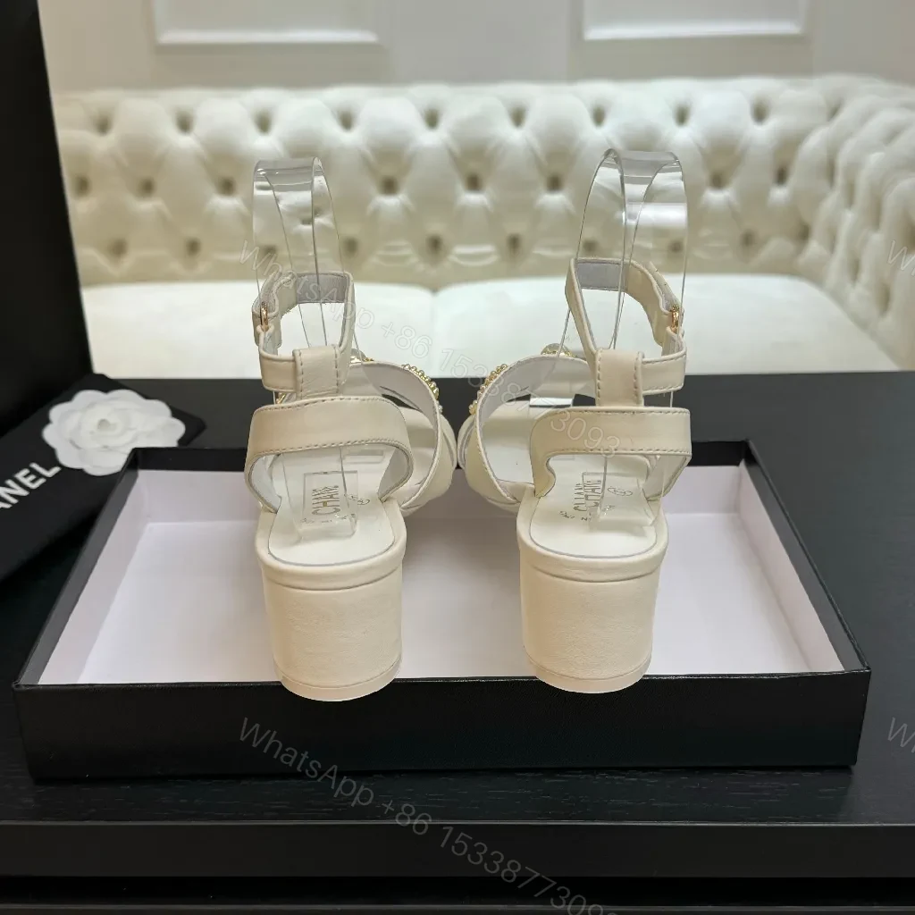 View 5 of Ivory Leather Block-Heel Sandals with Gold Embellishment