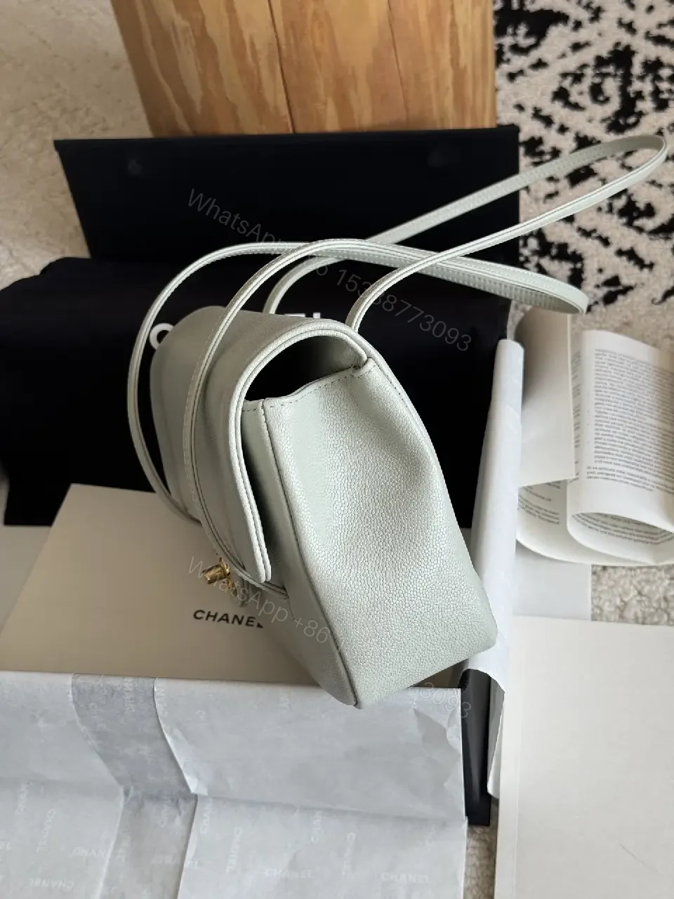 View 7 of Light Gray Pebbled Leather Structured Handbag with Gold Turn-Lock Clasp