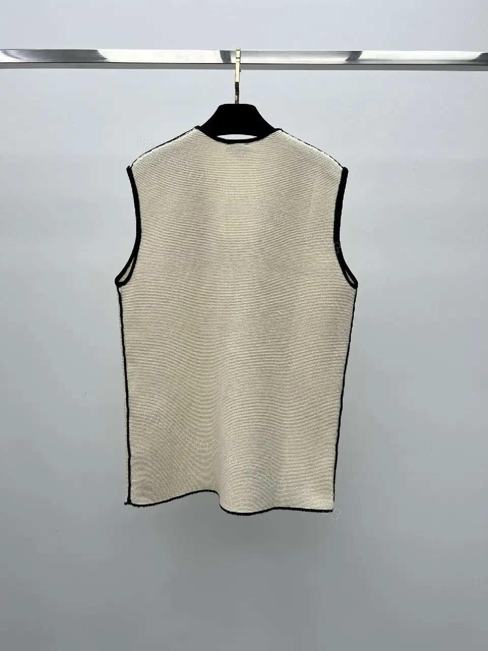 View 8 of Beige Knit Vest Black Trim V-Neck Chanel Logo Patch Tank Vest