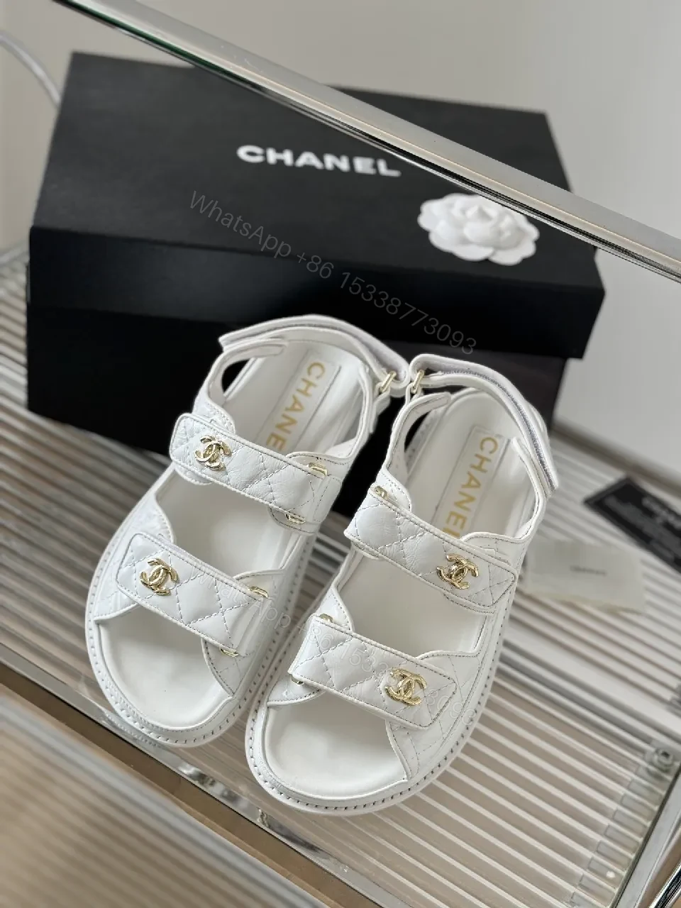 View 7 of White Leather Sandals with Gold Hardware, Quilted Strap Comfort