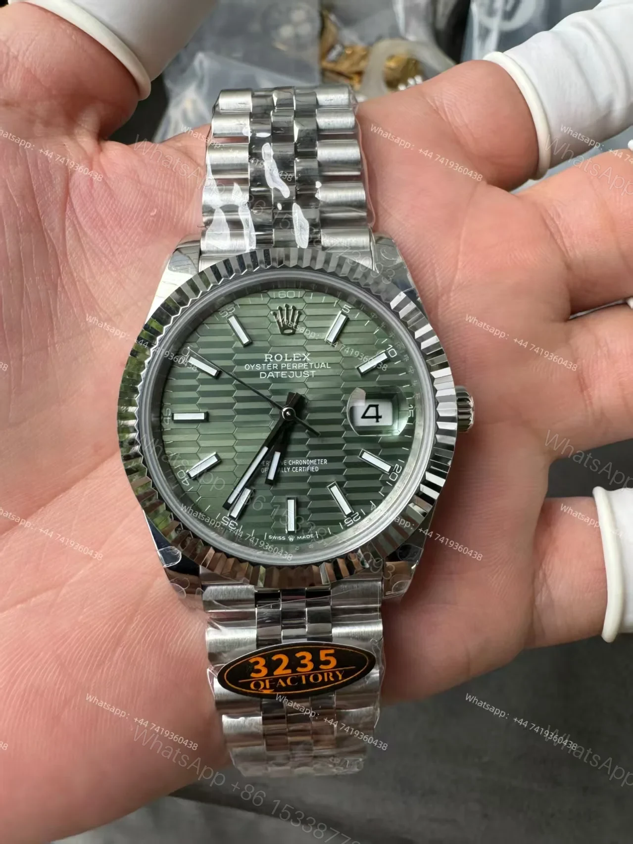 View 8 of Rolex Datejust M126334-0030 Water Ripple Green Dial 1:1 Replica Jubilee 41MM 3235 Movement Super Clone Watch