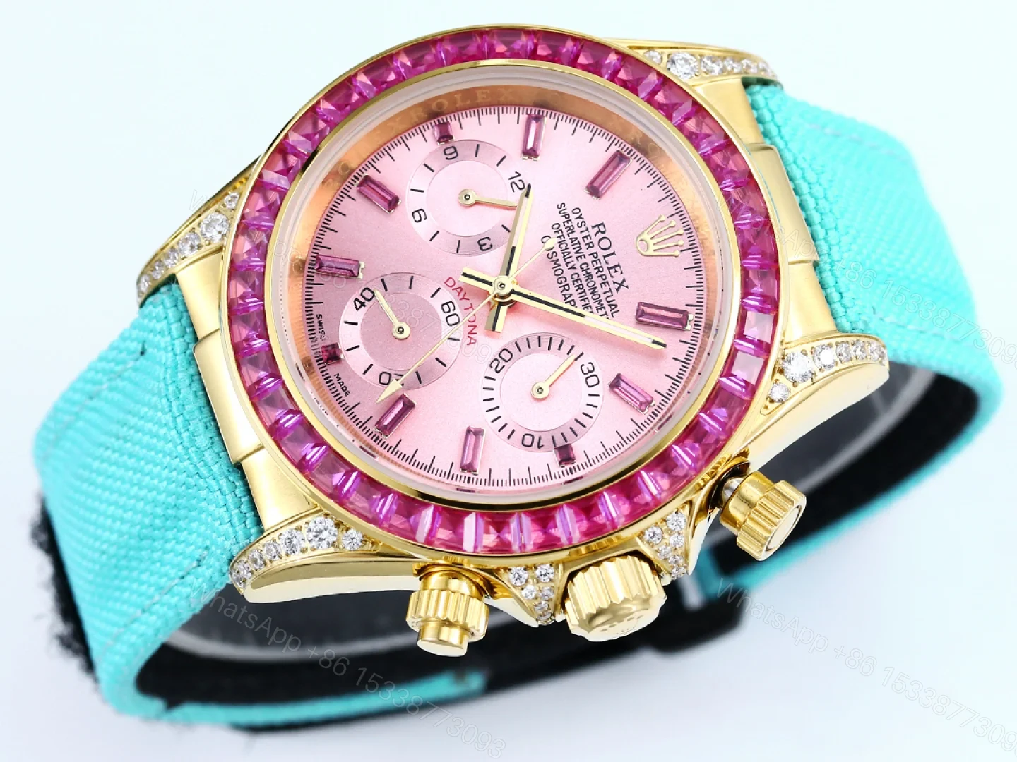 View 5 of Rolex Daytona Pink Ruby Replica 43MM Exclusive Turquoise Fabric Strap RG-ROLEX-DAYTONA-PINK-TURQUOISE-43