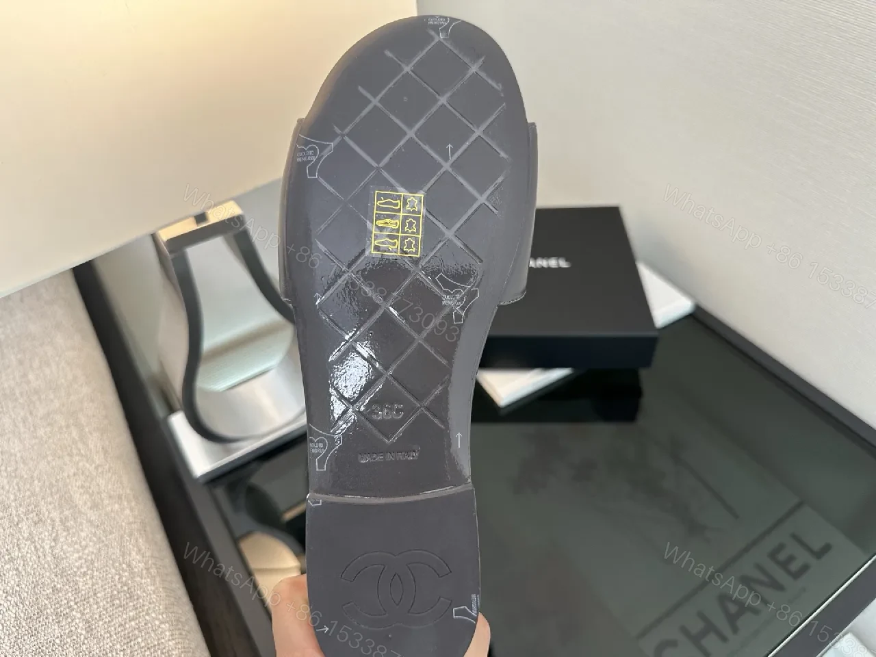 View 9 of Quilted Leather Slides with Gold Logo – Luxe Comfort