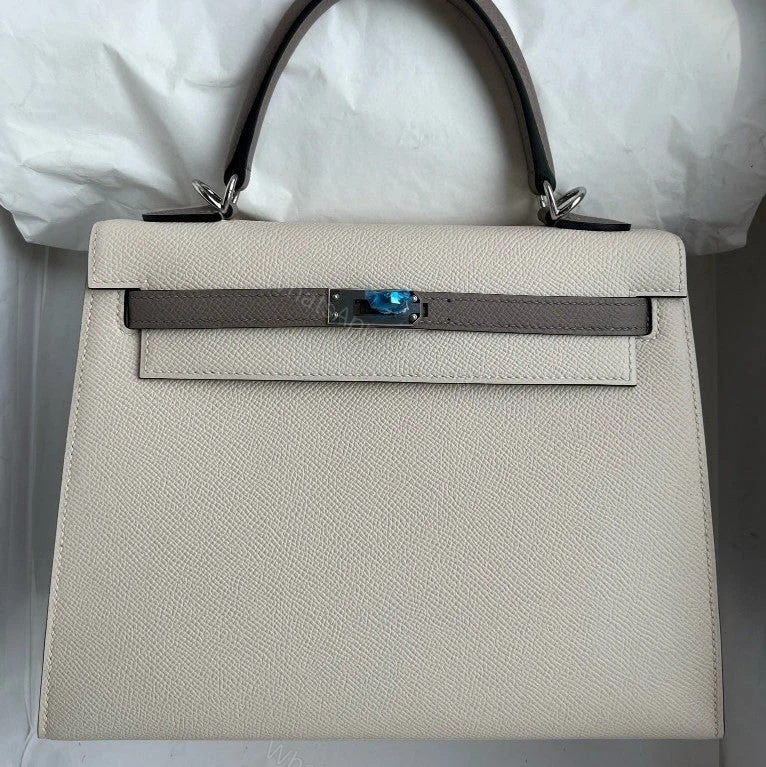 View 3 of H KELLY EPSOM CK10 CREAMY WHITE & M8 GRIS ASPHALTE SILVER HARDWARE 25CM