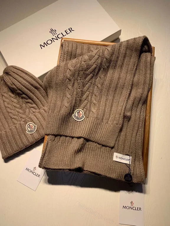 View 5 of Taupe Wool-Blend Moncler Knit Set: Beanie & Scarf, Luxury Winter