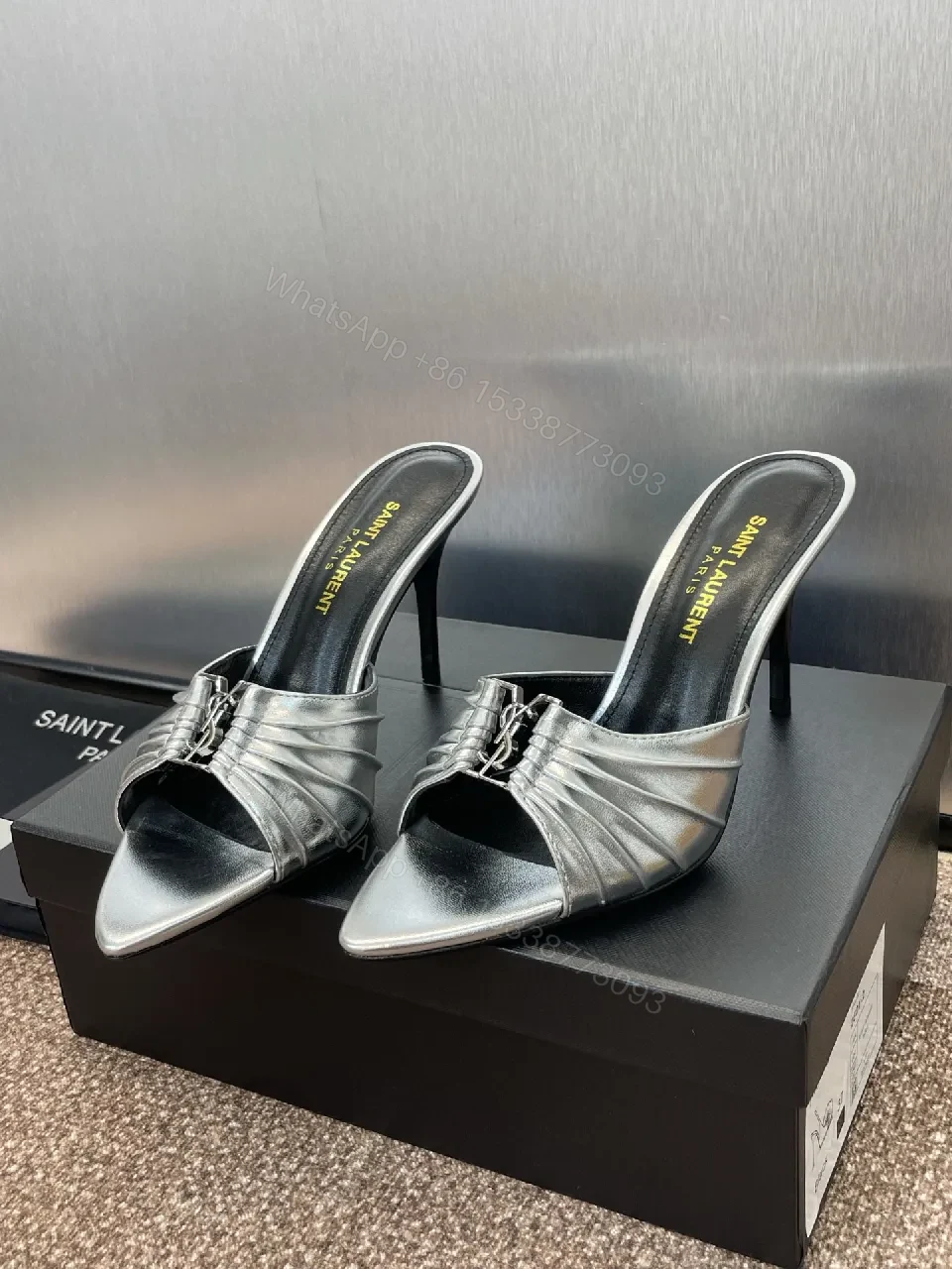 Metallic Pointed-Toe Mule Heels with Signature Hardware Realized — view 1