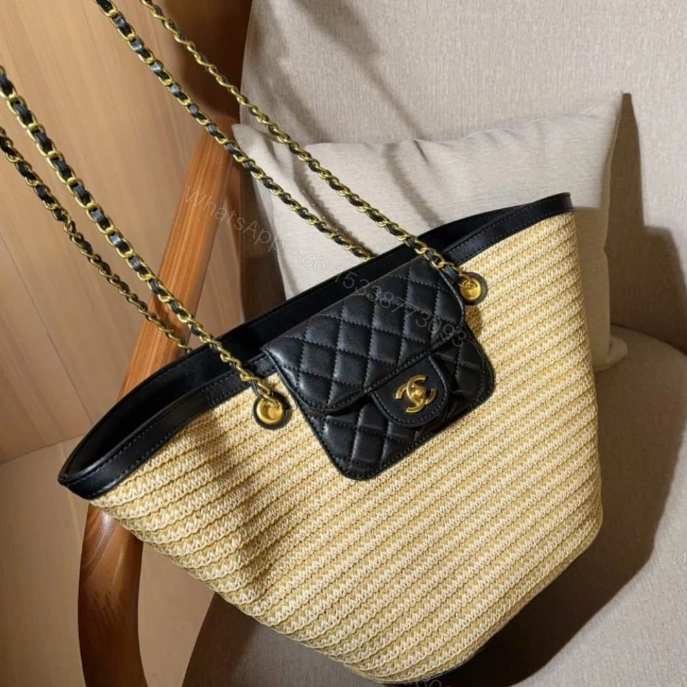 View 3 of Chanel Small Shopping Bag Braided Straw Beige Black 25Cm