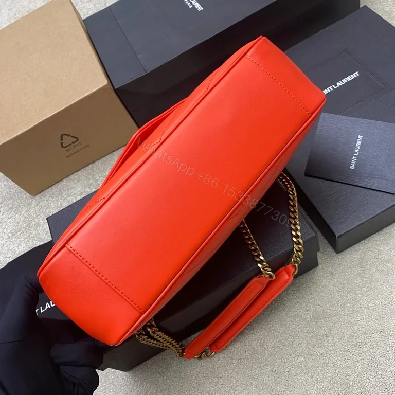 View 4 of Red Quilted Leather Crossbody with Gold YSL Logo