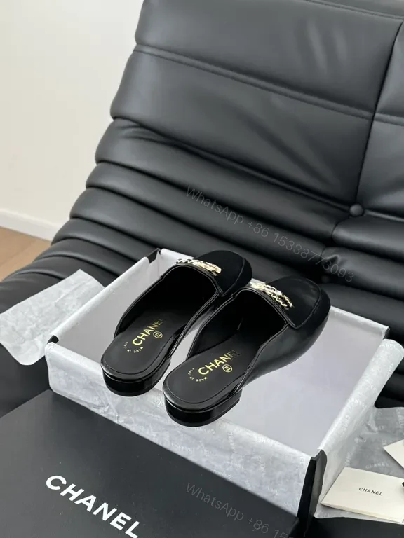 View 8 of Chanel-Inspired Black Leather Slip-Ons with Signature Hardware