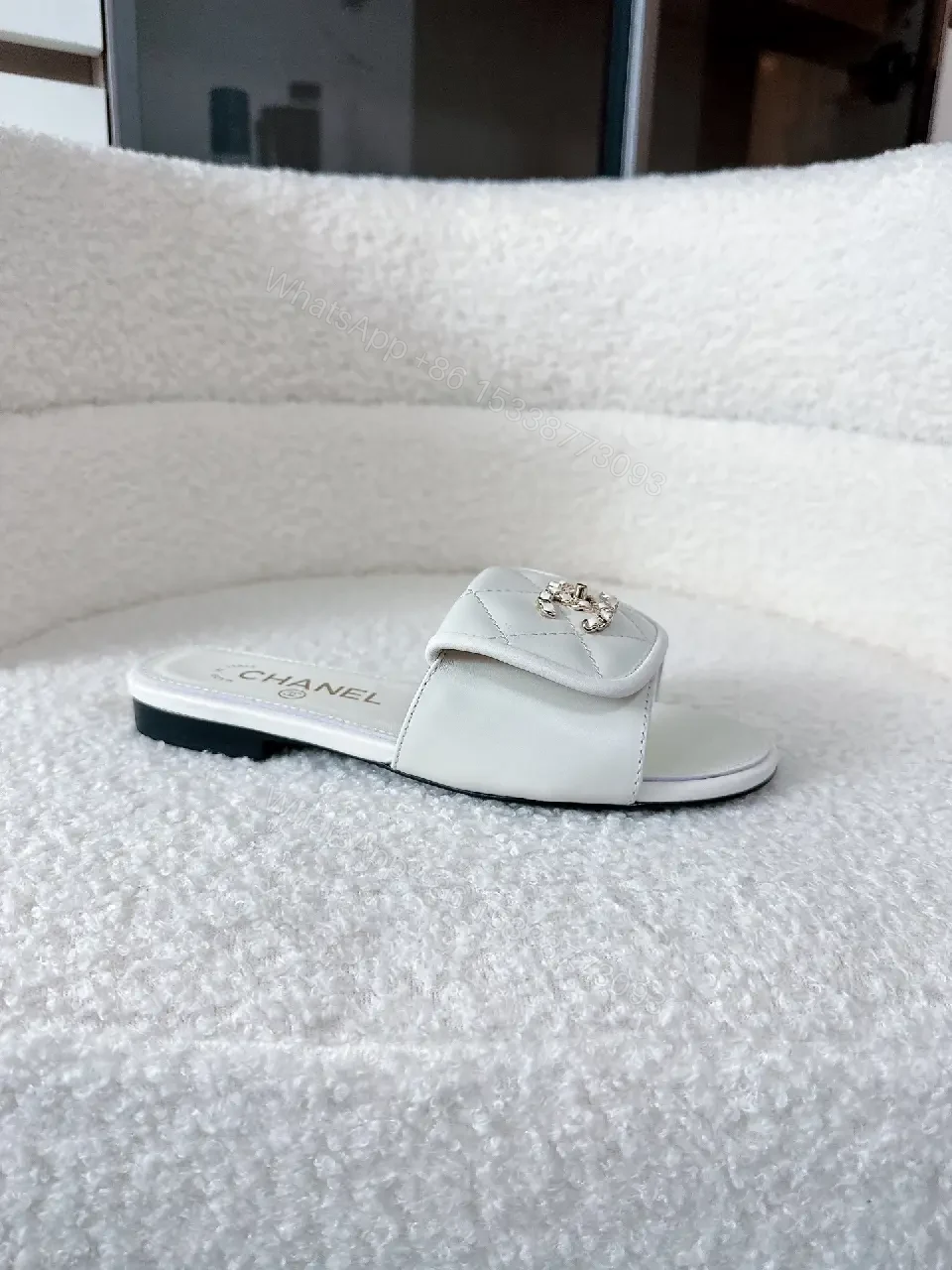 View 10 of White Leather Quilted Slides with Crystal Accent — All-Day Comfort