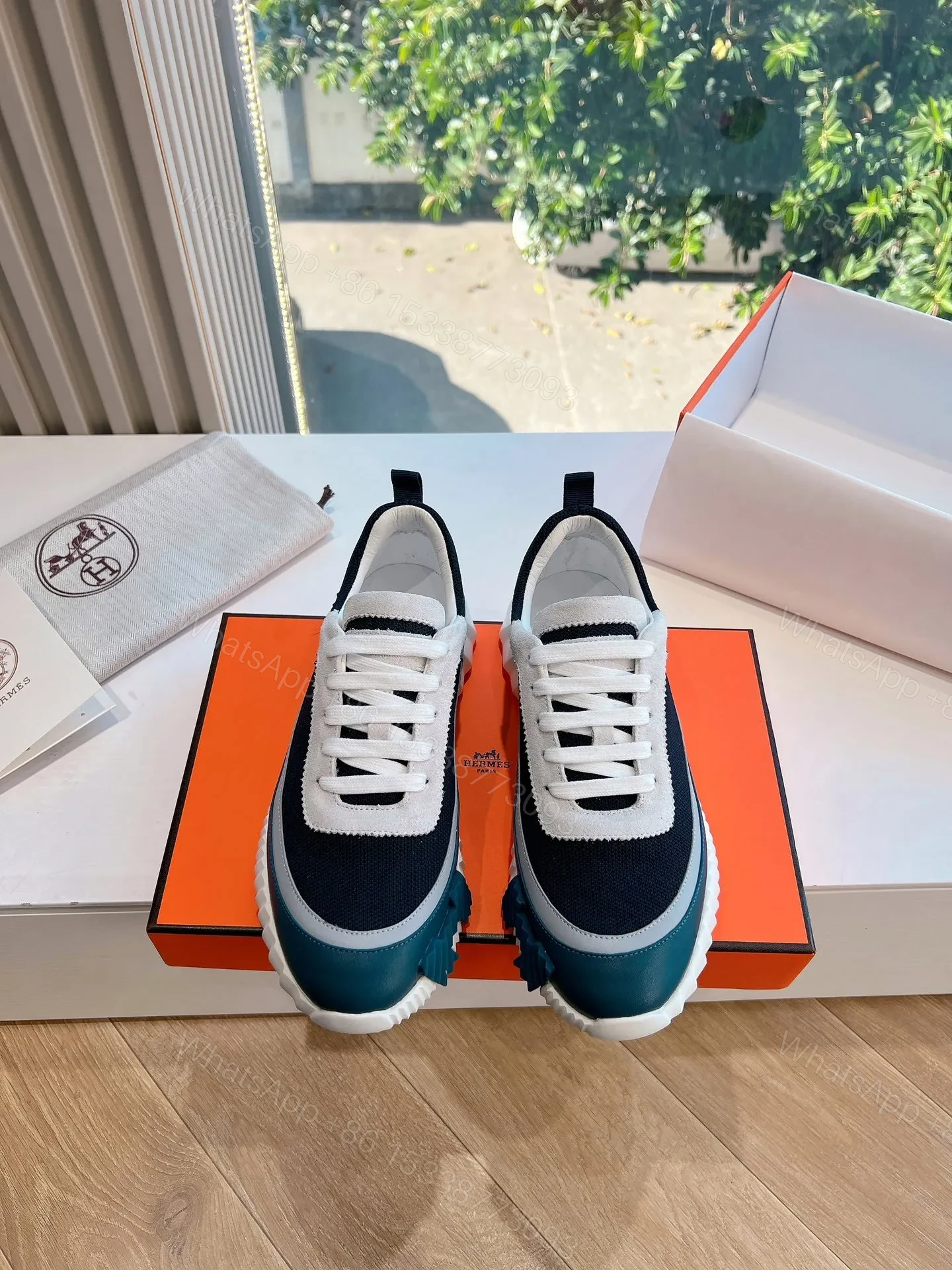 Hermes Women Navy Blue White Mesh Sneakers — view 1
