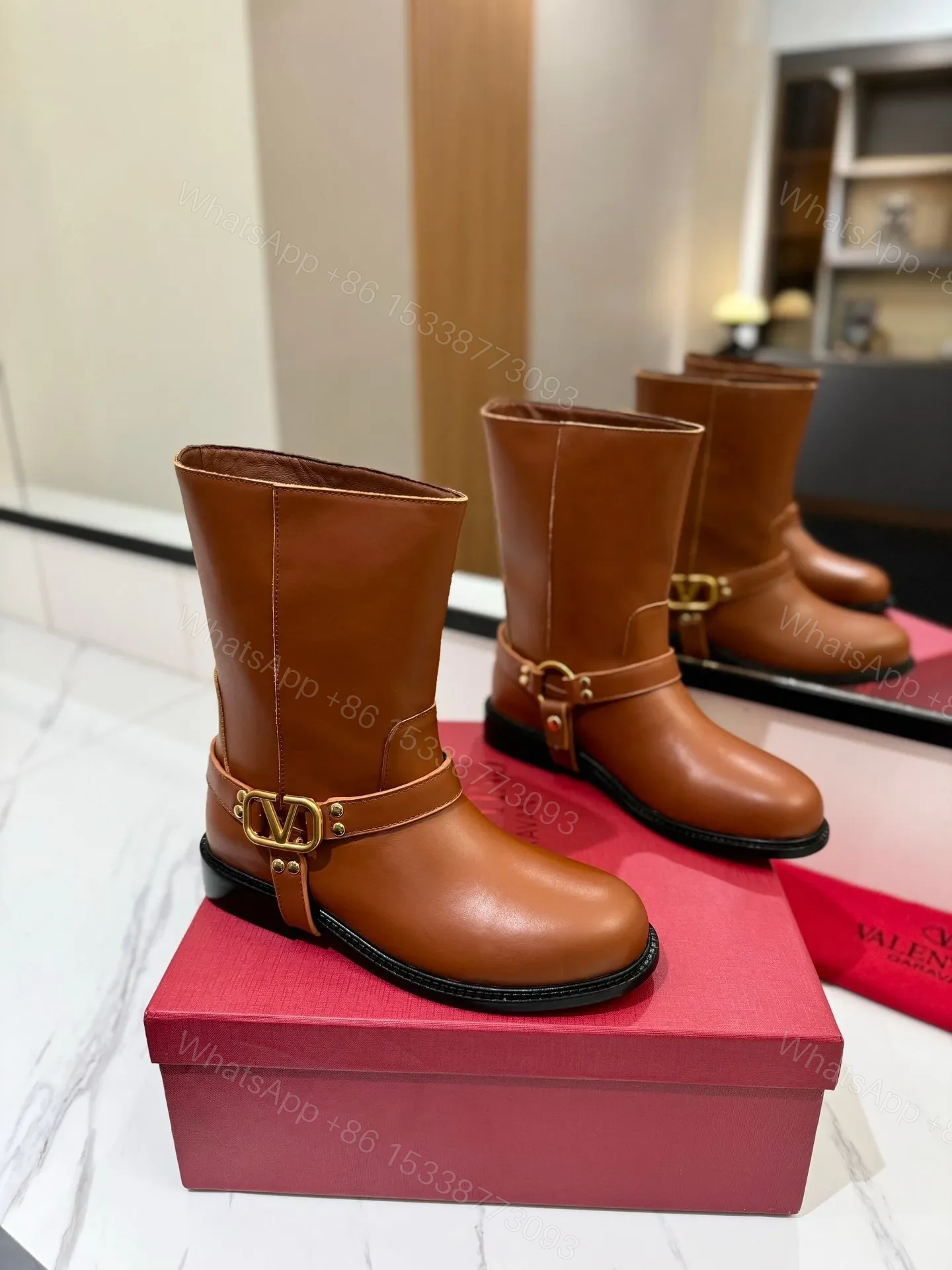 Valentino Women Brown Leather Mid-Calf Boots — view 1