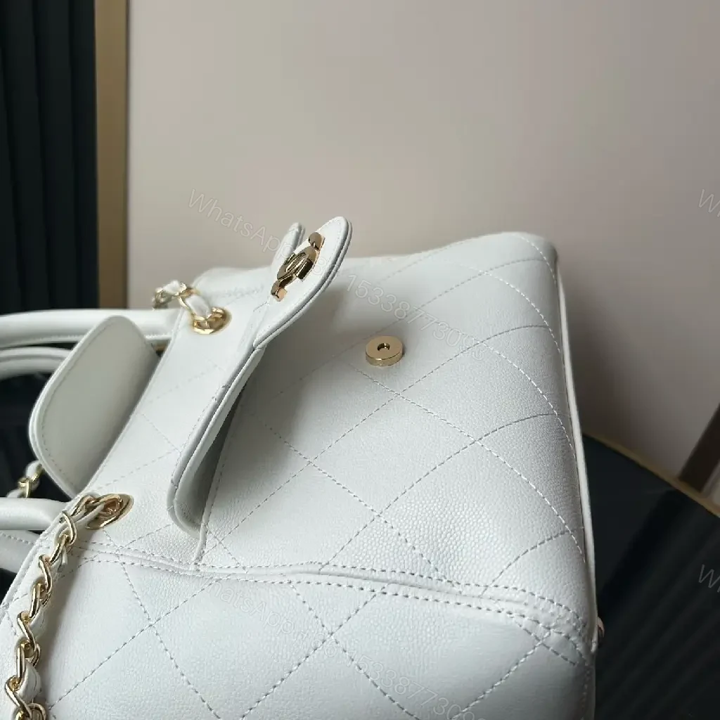 View 5 of Pale Gray Diamond-Quilted Tote: Gold-Accented Chanel-Style Flap