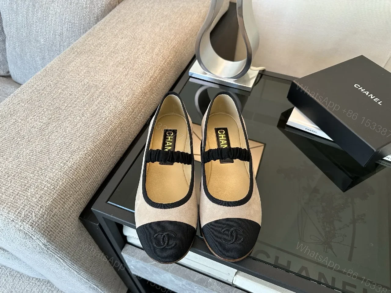 View 5 of Beige-Black Suede Ballet Flats, Two-Tone Casual Couture