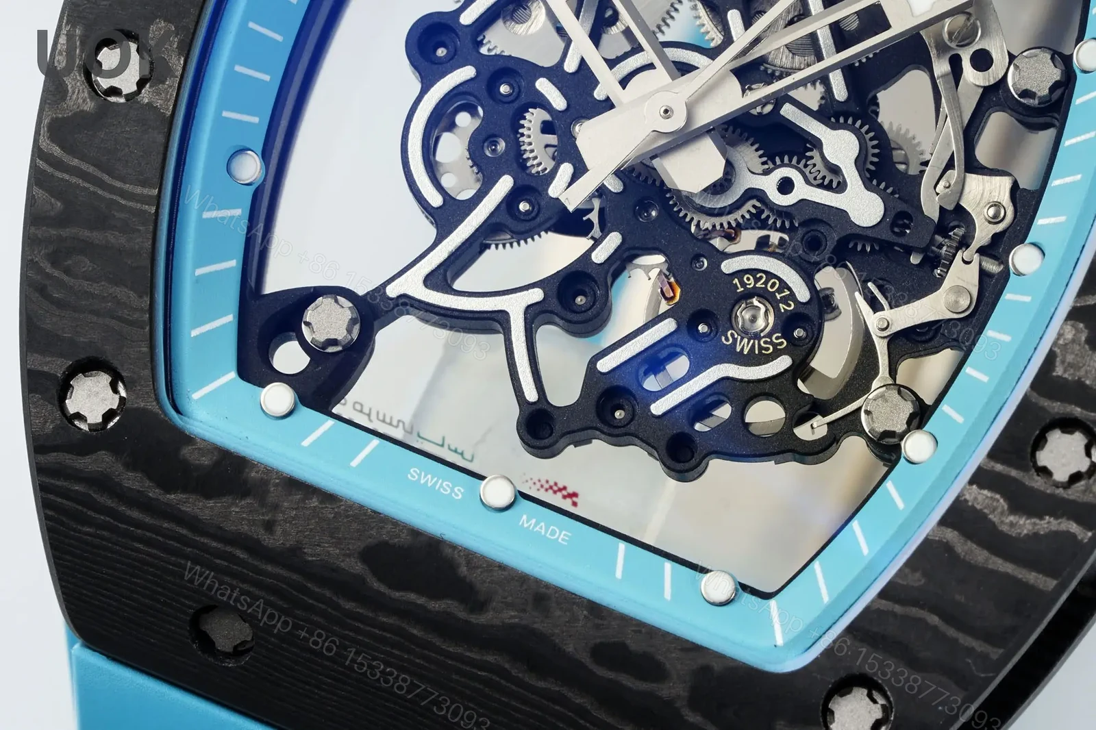 View 5 of Replica Richard Mille RM 55 Swiss Movement Super Clone Carbon Case Blue Rubber Strap